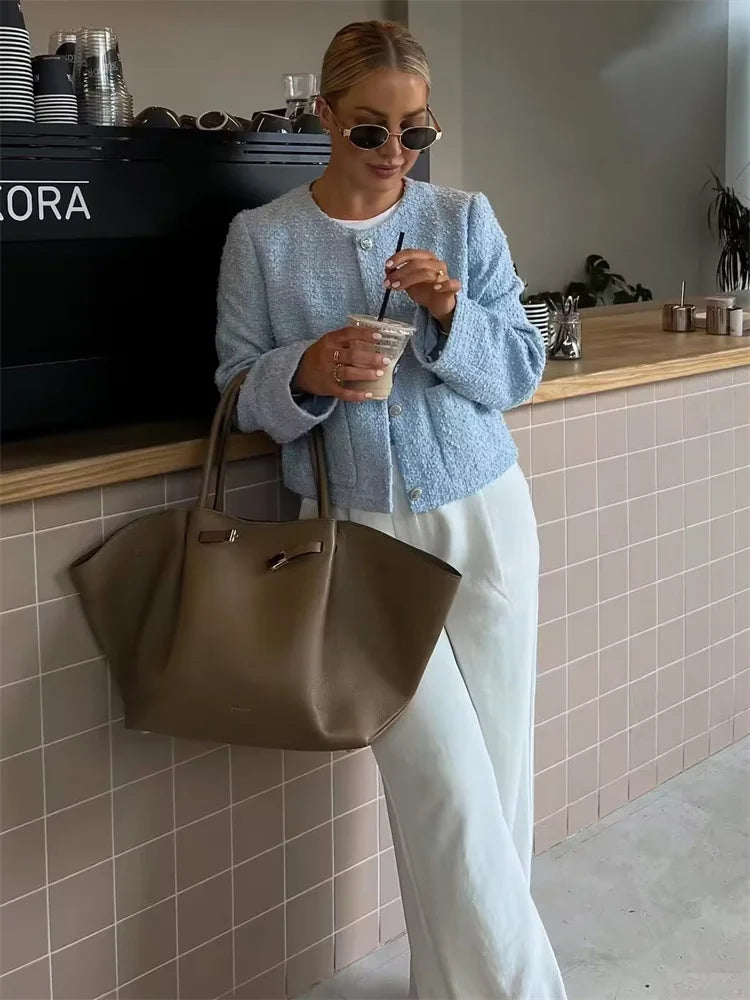 Autumn Patchwork Cardigan Sweater Scoop Neck for Pocket High Waist Outwear Female Coat