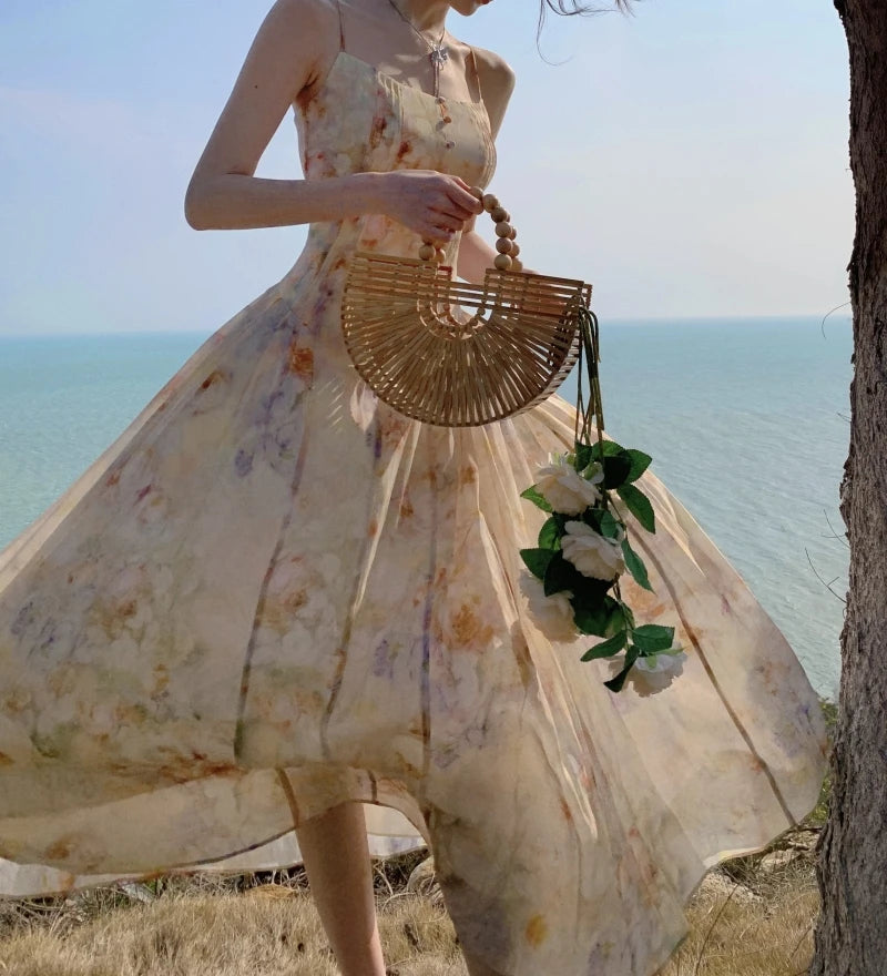 New French Holiday Fairy Beach Style Long Dress Fragmented Chiffon Strap Dress