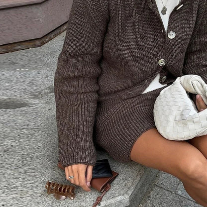 Knitted Skirts 2 Piece Set Lapel Flare Button Knitted Cardigan Top Mini Skirt Autumn Lady All-matching Outfit