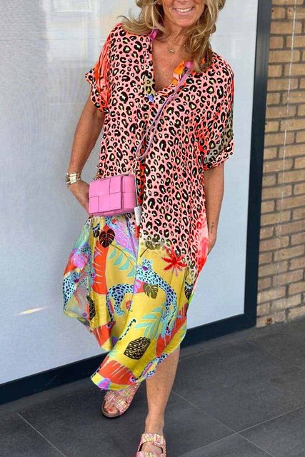 Leopard Print Patchwork Dresses V-neck Short Sleeves Pocket Loose Slit Midi Dress Lady Vestidos Summer New