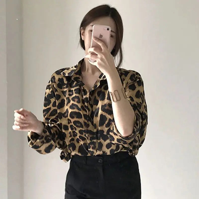 New Office Lady Shirts Leopard Shirts Allmatch Long Sleeve Blouses Turndown Clothing