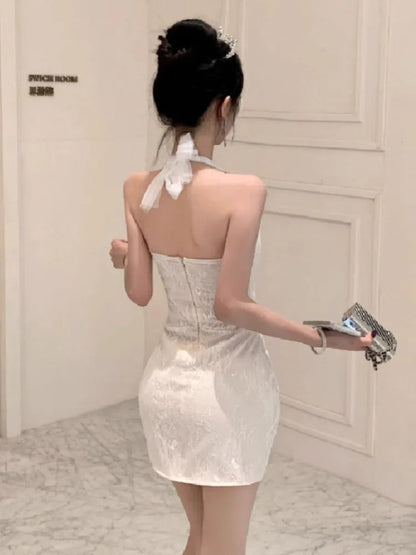 Mini Dresses Lace Patchwork Sleeveless Slim Sequins Backless Halter Basic Party Dress Shiny Female