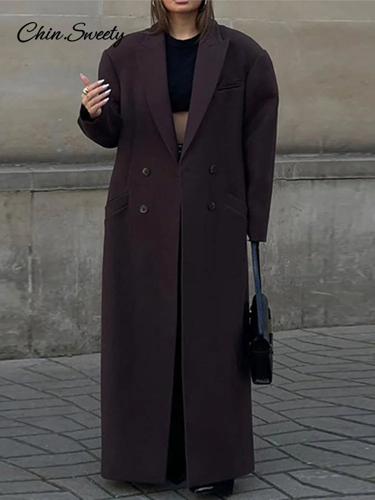 Lapel Pocket Woolen Long Trench Coat Full Sleeve Loose Overcoat Autumn Winter Lady Commute Outwear