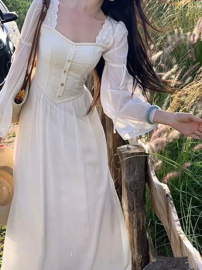 French Flare Sleeve Midi Dresses for Square Collar A-line Autumn New Party Dress Female Clothing