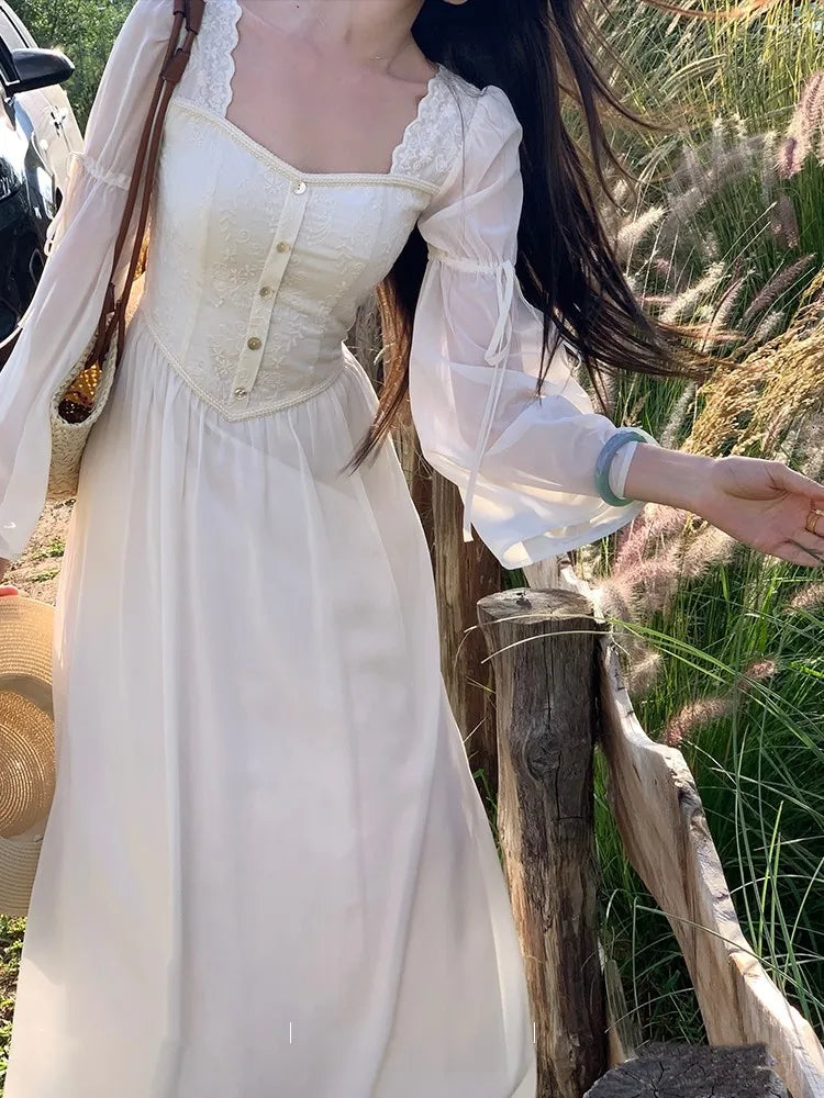 French Flare Sleeve Midi Dresses for Square Collar A-line Autumn New Party Dress Female Clothing