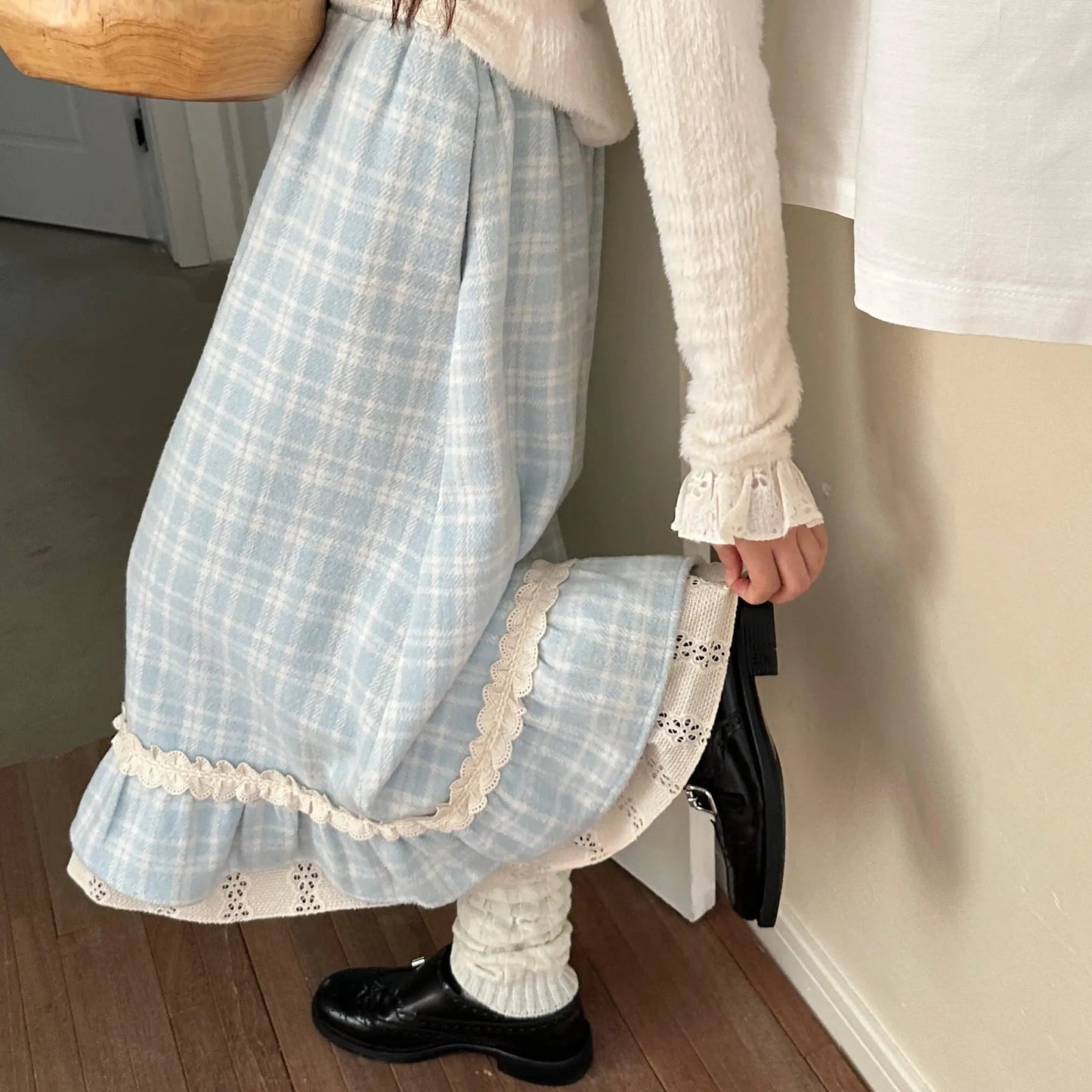 Autumn Winter Y2k Skirts Blue Plaid Woolen Plaid Lace Splicing Skirt High Waist Slimming a Word Long Skirt