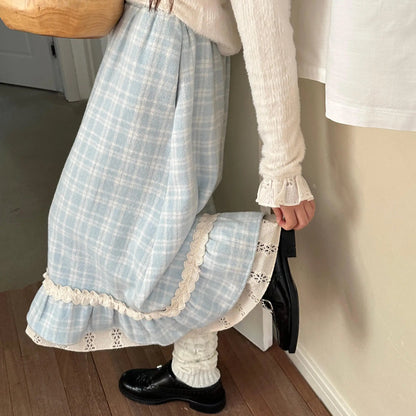 Blue Plaid Woolen Retro Plaid Lace Skirt Autumn Winter New High Waist Slimming Aline Mid Length Long Skirt