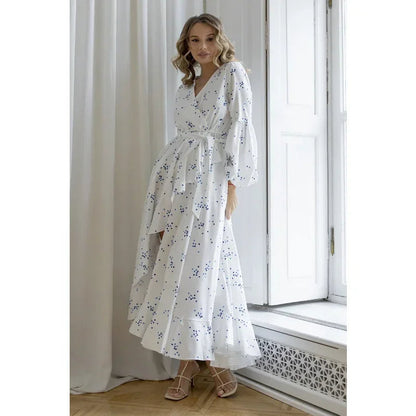 Summer Bandage White Chiffon Blue Polka Dot Long Dresses Long Sleeve Slit Beach Maxi Dresses for