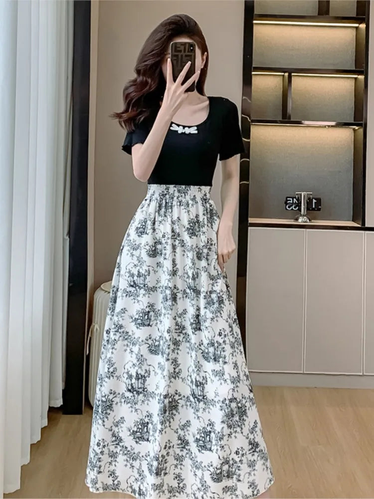 Dresses for Patchwork Aline Long Dress Print Chinese Style New Summer One Piece Vestidos