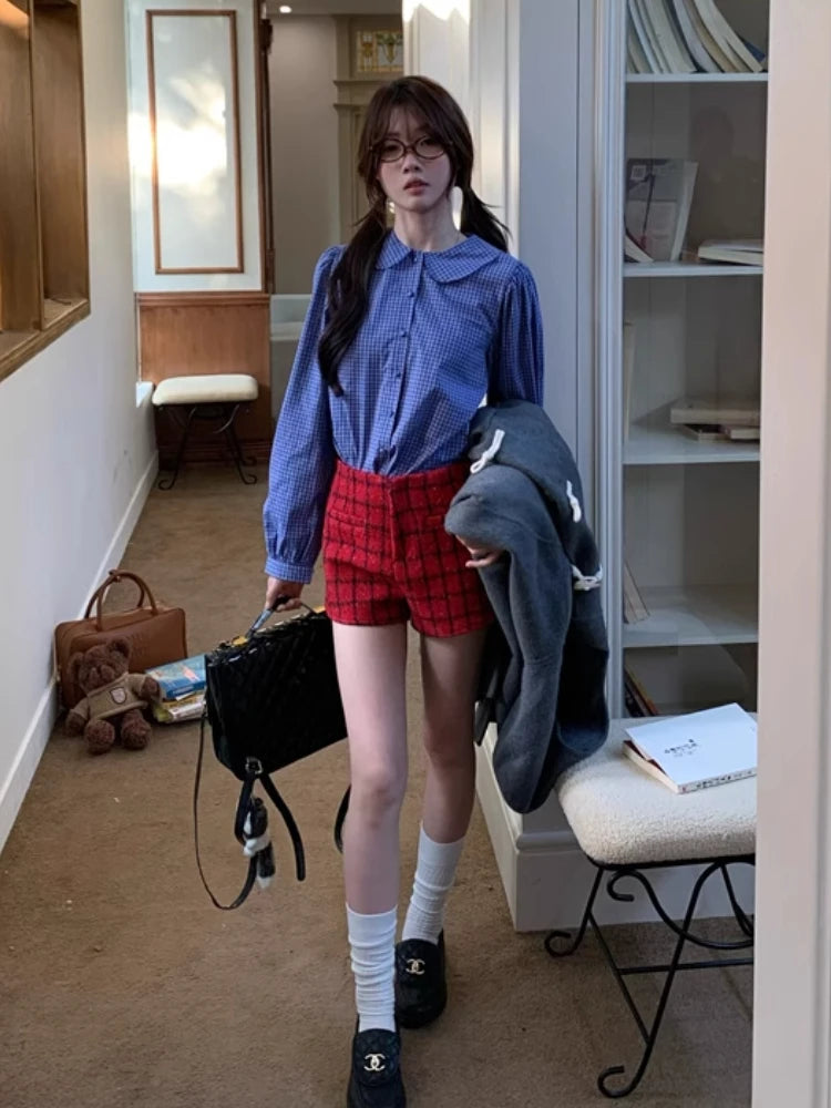 Blue Plaid Shirt Kawaii Peter Pan Collar Blouse Female Preppy Style Puff Sleeve Top With Teen Girl Spring Clothes