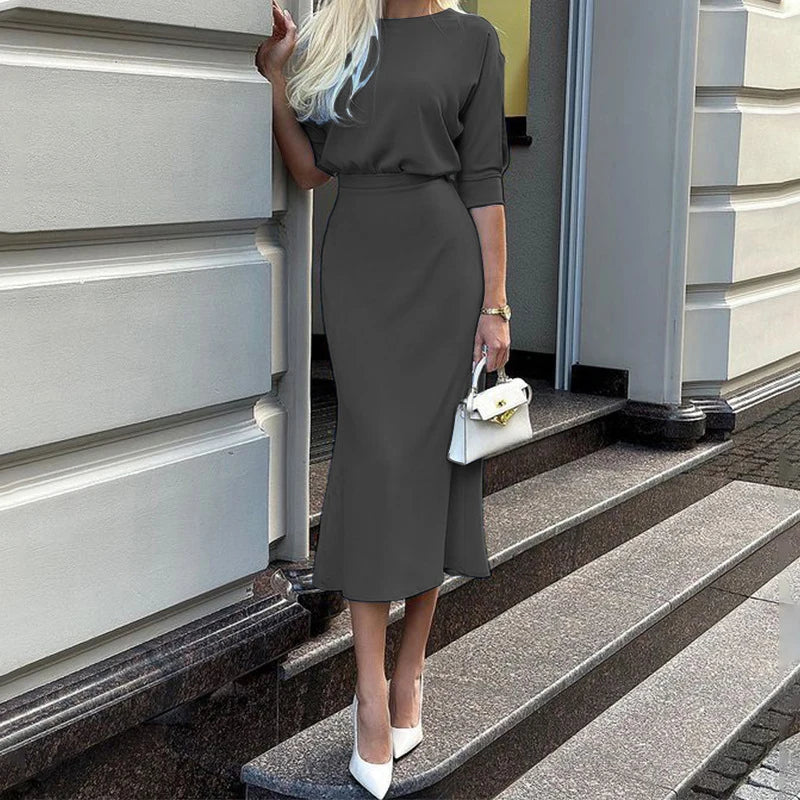 Oneck Halfsleeved Slimfit Dress Spring Color Simple Temperament Dress Commuter Hip Wrap Slim Long Dress