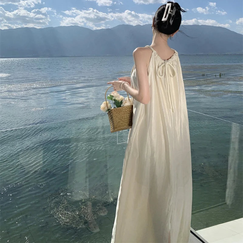 Apricot Hanging Neck Round Neck Sleeveless Pleated Long Dress Summer Temperament Loose Halter Dress