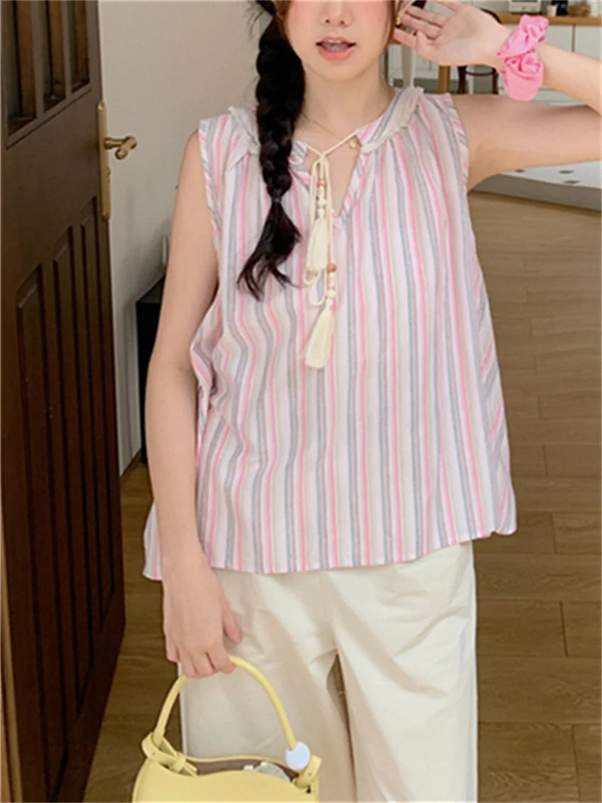 Pink Tank Tops Stripes Sweet Ol Sleeveless Loose Gentle New Office Lady Slim Outwear