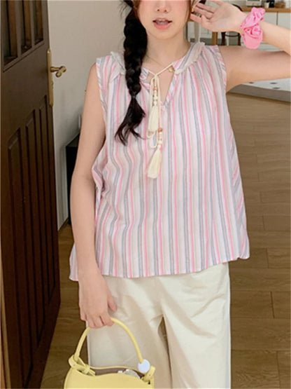 Pink Tank Tops Stripes Sweet Ol Sleeveless Loose Gentle New Office Lady Slim Outwear
