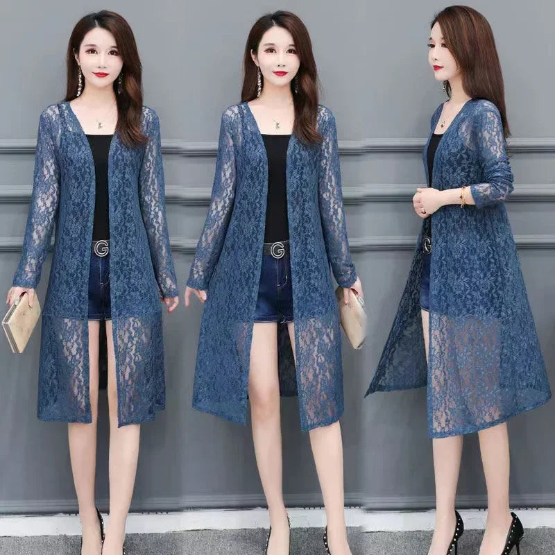 Summer Sun Protection Lace Cardigan Mid-length Mesh Shawl Loose Clothing Jacket Shirt Outerwear
