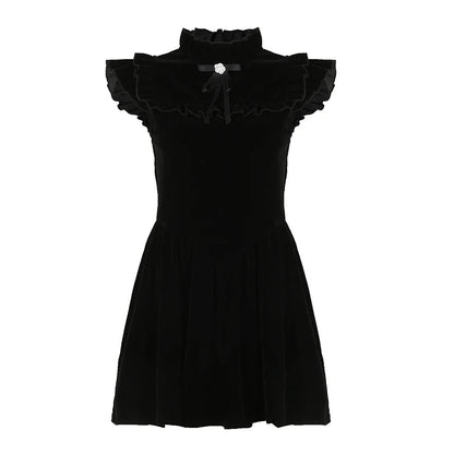 Flying Sleeve Aline Velvet Dress Black Sweet Japanese Style Sleeveless Princess Mini Dresses for Party Holiday
