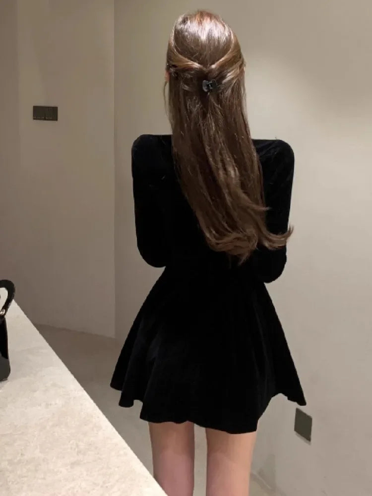 Evening Dresses Bow Velvet Long Sleeve Slim Birthday Party Cocktail Mini Dress