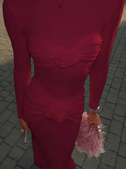 Slim Ruched Flower Maxi Dress for Long Sleeve Party Outfits High Elasticity Dresses
