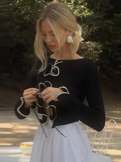 Slim Ruffle Lace Up Blouse Patchwork Hollow Out Short Cardigan Female Autumn Street Knitwear