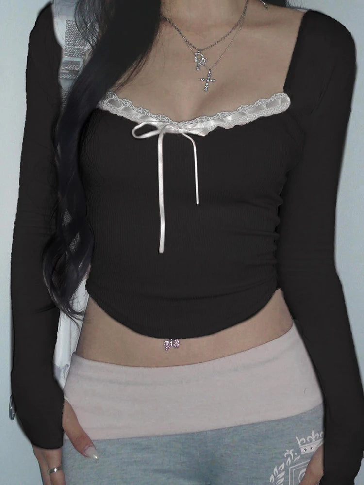 Sweet Fairy Style ��s Tops Autumn Long Sleeve Slim Knitted Bowknot Lace Trim Square Collar Blouses