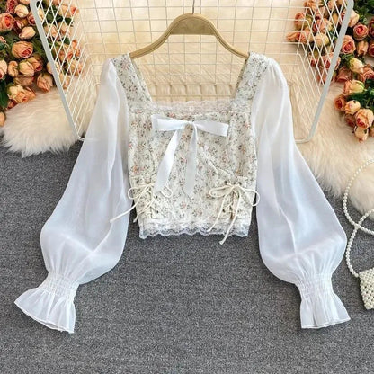 Cropped Shirts Bow Lace Patchwork Blouses Summer Korean Print Square Collar Bandage Long Sleeve Slim Tops