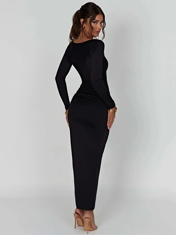 Long Sleeve Ruched High Split Maxi Dress Square Collar Drawstring Bodycon Party Long Dress Autumn