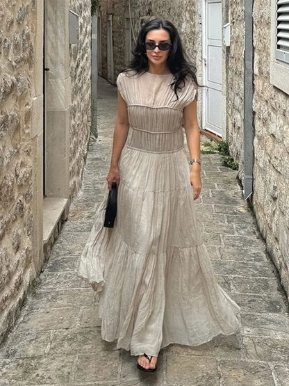 Pleated Long Dresses Backless O-neck Short Sleeve Dresses Female Summer Spring Party Beach Holiday