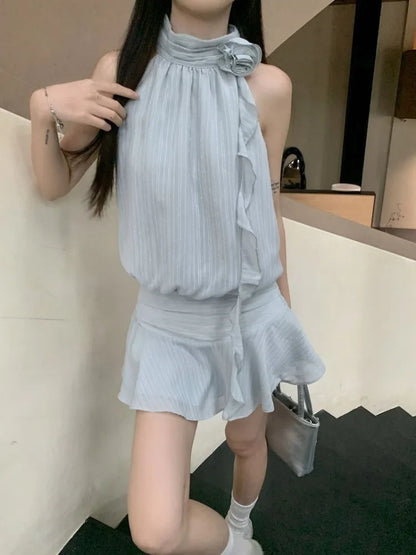 Dresses Sleeveless Striped Halter Flowers Ribbon Sweet Mini Dress Party Female