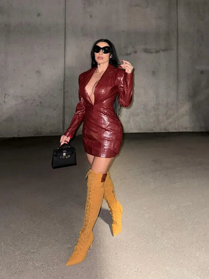 Deep V Red Lattice Leather Mini Dress Long Sleeve High Waist Fold Slim Dresses Lady New Highstreet Short Robe