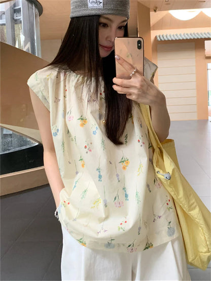 Flowers Sweet Blouses Cotton Printed Vacation Gentle Slim New Office Lady Summer Blusas