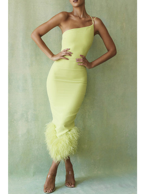 Spaghetti Strap Feather Midi Dress for Robe Backless Bodycon Club Party Dress Vestido
