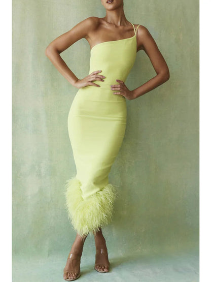 Legant Spaghetti Strap Feather Midi Dress