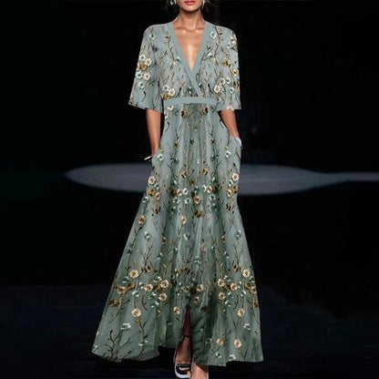 Print Party Long Dresses V-neck Half Sleeves Temperament A-line Evening Dress Female New Commuting Vestido