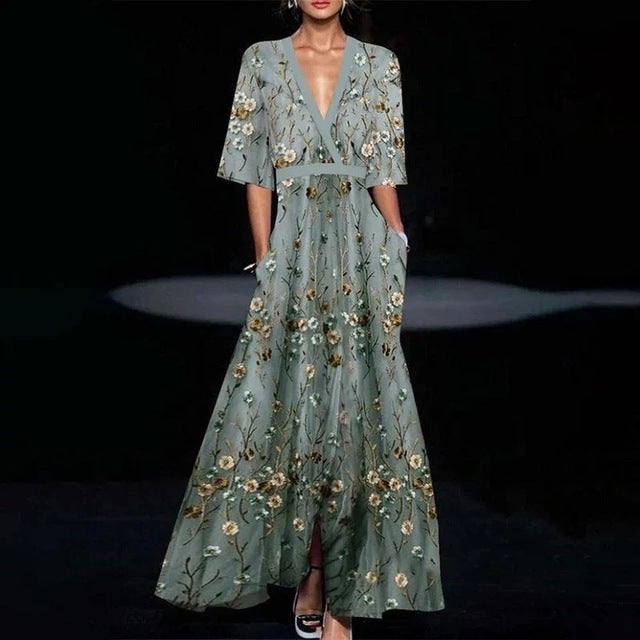 Print Party Long Dresses V-neck Half Sleeves Temperament A-line Evening Dress Female New Commuting Vestido