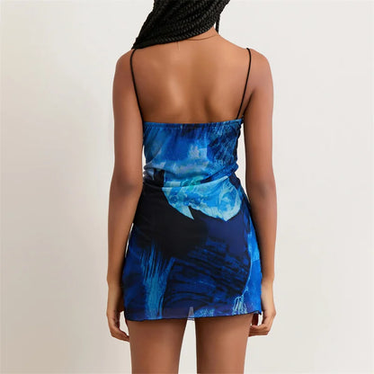Mini Dress Summer Print Square Collar Spaghetti Strap Sleeveless Short Dress Evening Party Dresses