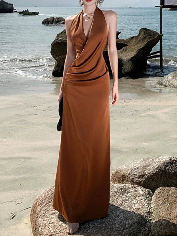 Spring Summer Halter Midi Dress Sleeveless Party Beach Long Vestidos Female Bodycon Slim Robe