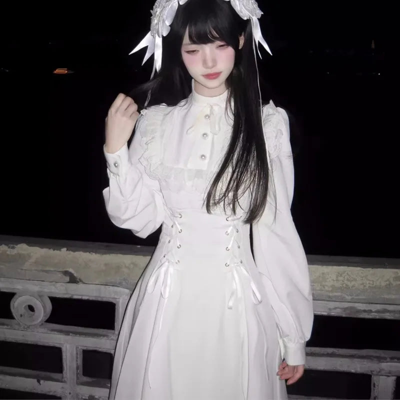 Japanese Style Kawaii Lace-up Midi Dresses Princess Party Dress Long Sleeve O-neck High Waist Y2k Gothic Vestidos Mujer