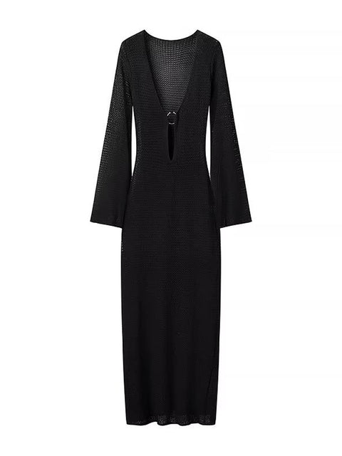 Knit Hollow Out Autumn Dress Female See-through V-neck Backless Beach Holiday Maxi Dress Knitwear ’s Dress New