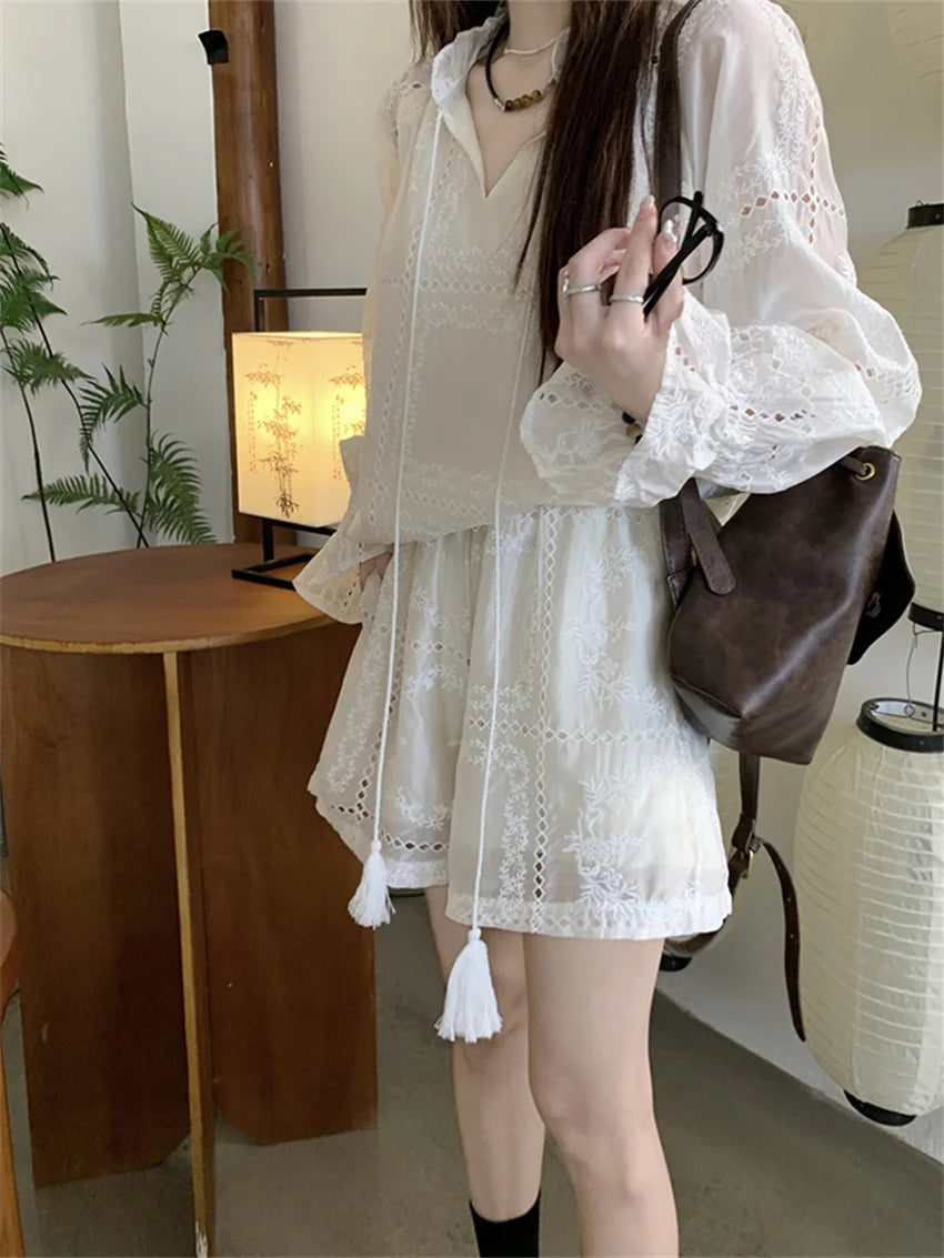 White Suits Hollow Out Flare Full Sleeve Blouses Summer Office Wear Sweet New Ol Wide Leg Loose Shorts