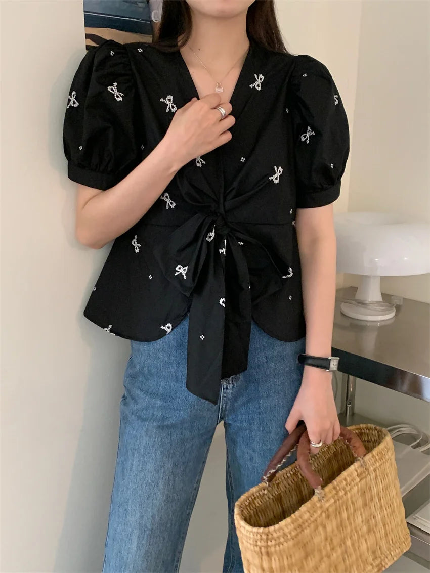 Stylish Vneck Sweet Blouses Summer Florals Half Sleeve Gentle Office Lady Slim Mujer High Street