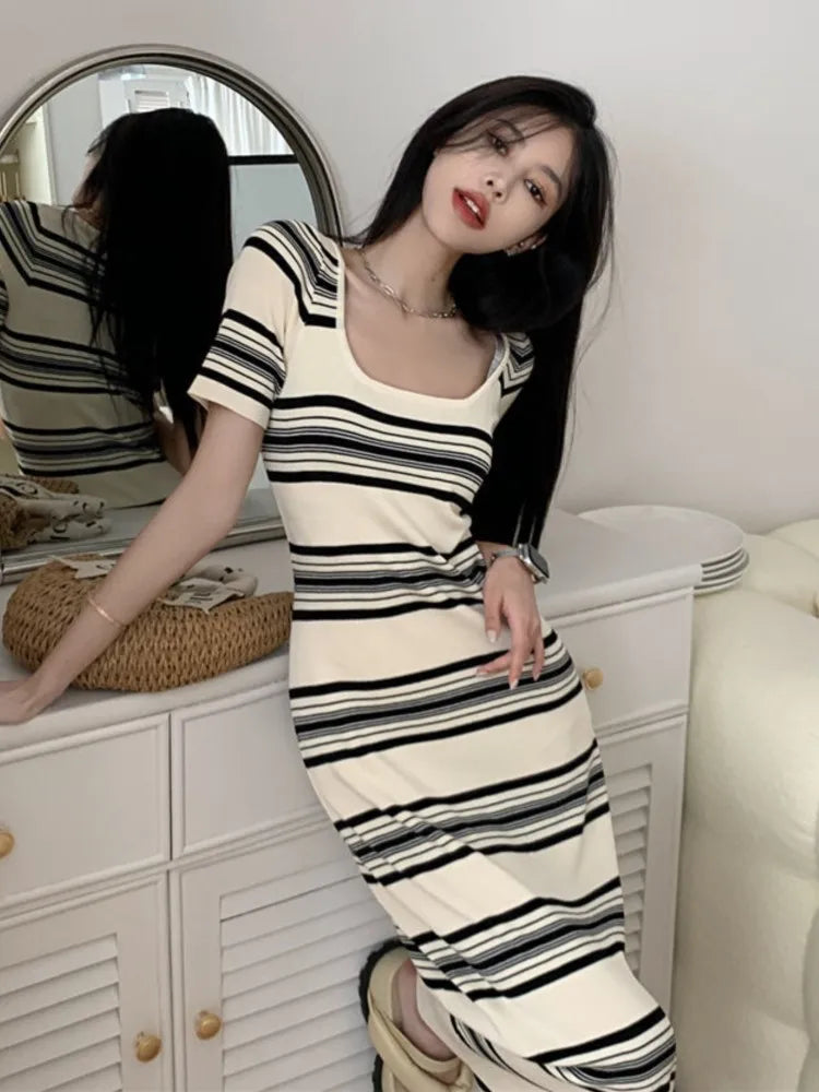 Summer Striped Knitted Dress Slim Square Neck Midi Dresses Korean Short Sleeve Clothes Robe