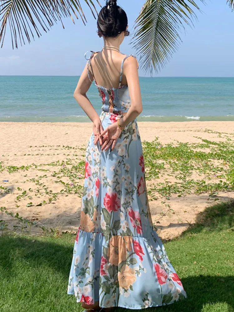 French Style Print Dresses Spaghetti Strap Bodycon Party Long Dress Summer Holiday Beach Vestidos Robe New