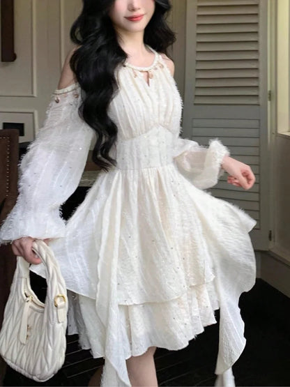 Irregular Ruffles Shell Decoration Mini Dress Autumn Winter Long Sleeve Off Shoulder Fairy Evening Sequin Vestidos