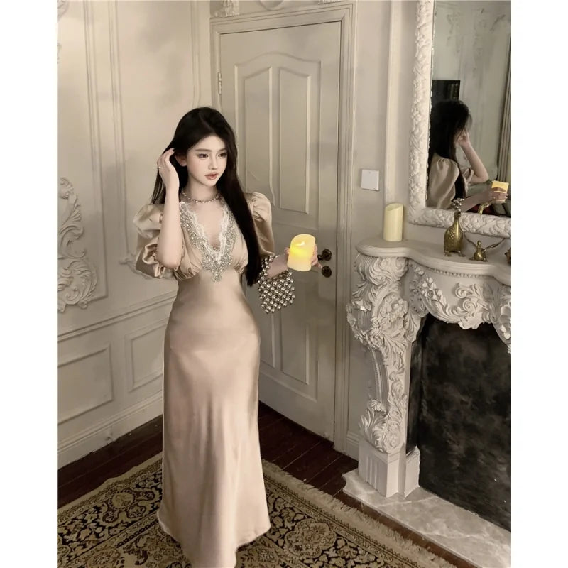 Summer Short Sleeve Lace Satin Vneck Maxi Dress French High End Waist Slimming Wrap Hip Evening Dress for