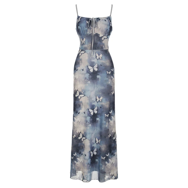 Butterfly Print Sleeveless Long Dress Coquette Tieup Spaghetti Straps Maxi Sundress Holiday Party