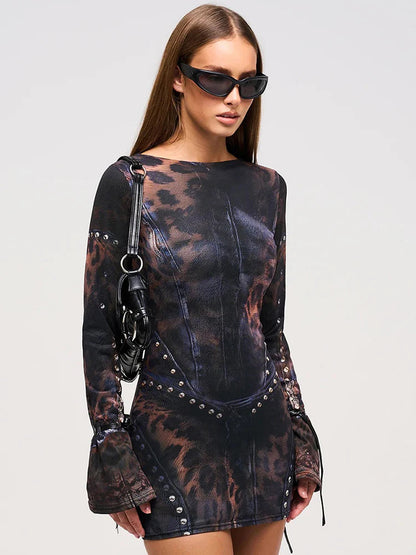 Leopard Rivet Gradient Gothic Mini Dress