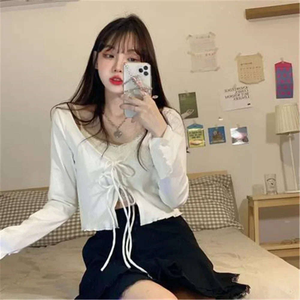 Cardigans Hot Slim Bandage Design Crop Tops Stylish Teenagers All-match Sweet Knitted Basic