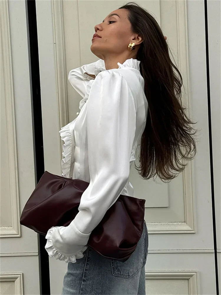 Taivimart - White Ruffled Shirts for Patchwork V-neck Long Sleeve Autumn Female Cardigan Blouses