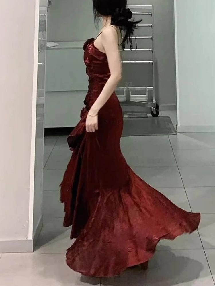 Korean Velvet Long Dress Slim Mermaid Spaghetti Strap Dress Evening Party Dress