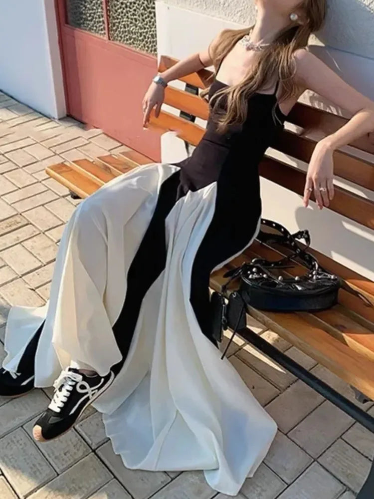 Black White Contrast Pleated Sling Long Dress Summer Backless Maxi Dresses Lady Evening Party Vestidos